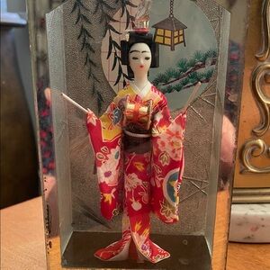 MCM Japanese Geisha Doll Red Floral Kimono In Frosted Glass Bamboo Theme Display